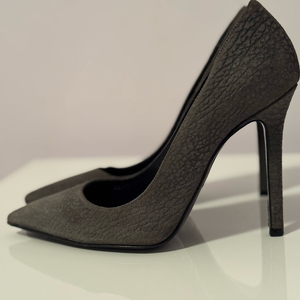 All Saints Textured Dark Gray Suede Heels